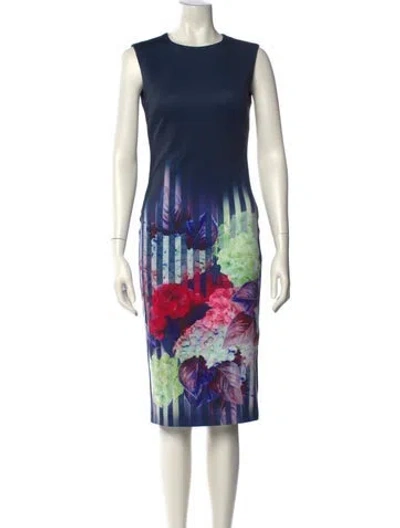 Pre-owned Ted Baker Printed Midi Length Dress In Blue