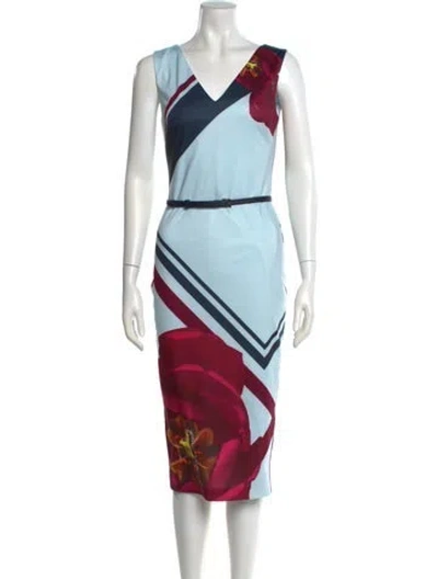 Pre-owned Ted Baker Printed Midi Length Dress In Blue