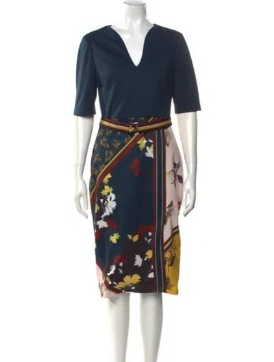 Pre-owned Ted Baker Printed Midi Length Dress In Blue