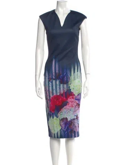 Pre-owned Ted Baker Printed Midi Length Dress In Blue
