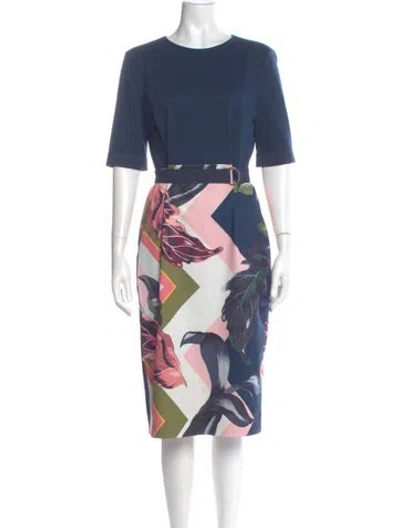 Pre-owned Ted Baker Printed Midi Length Dress In Blue