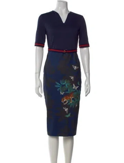 Pre-owned Ted Baker Printed Midi Length Dress In Blue