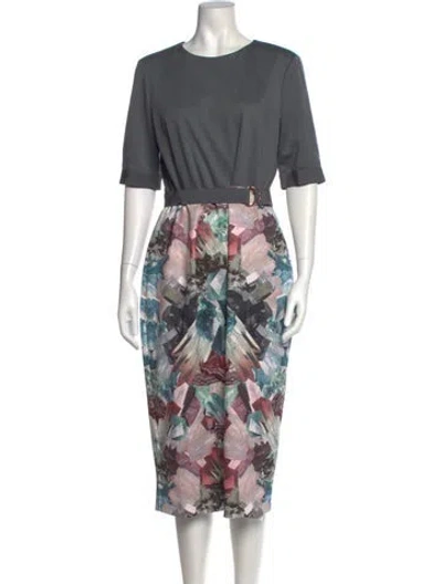 Pre-owned Ted Baker Printed Midi Length Dress In Gray