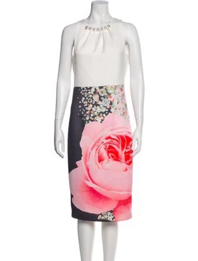Pre-owned Ted Baker Printed Midi Length Dress In White