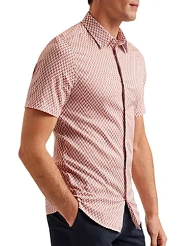 Ted Baker Printed Short Sleeve Button Front Shirt In Mid Pink