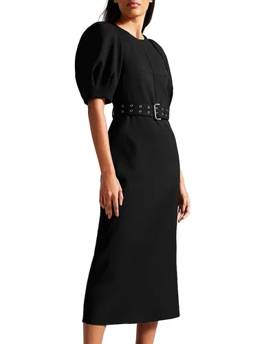 Ted Baker Puff Sleeve Belted Midi Dress In Black