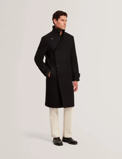 Ted Baker Radwood Asymmetric Front Wool Blend Longline Coat In Black