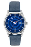 Ted Baker Recycled Stainless Steel Leather Strap Watch In Blue
