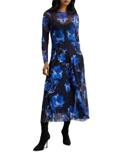 Ted Baker Rozeen Mesh Long Sleeve Printed Dress In Blue
