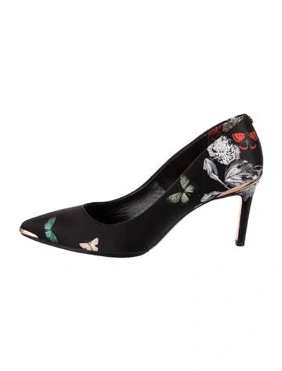 Pre-owned Ted Baker Satin Floral Print Pumps In Black