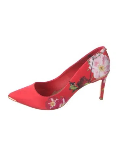 Pre-owned Ted Baker Satin Floral Print Pumps In Red