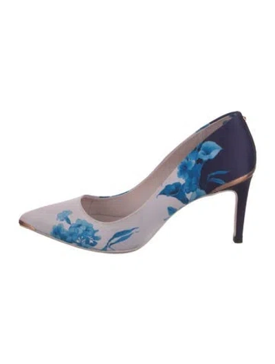 Pre-owned Ted Baker Satin Floral Print Slingback Pumps In Blue