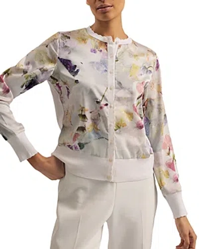 Ted Baker Scallop Trim High Neck Woven Front Cardigan In White