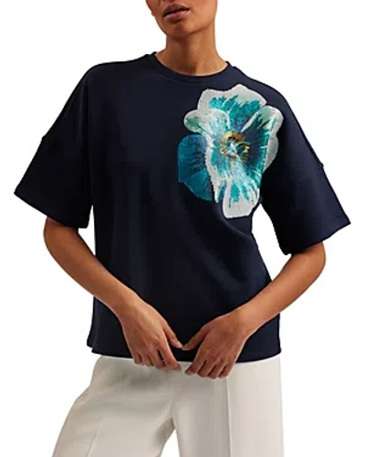 Ted Baker Sequined Graphic Boxy Tee In Navy