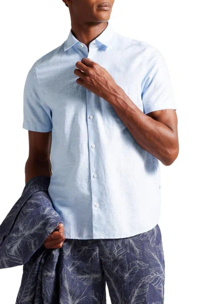 Ted Baker Short Sleeve Linen & Cotton Button-up Shirt In Light Blue
