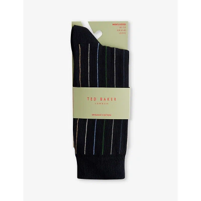 Ted Baker Mens Navy Sokkthr Stripe-embroidered Stretch-cotton Socks