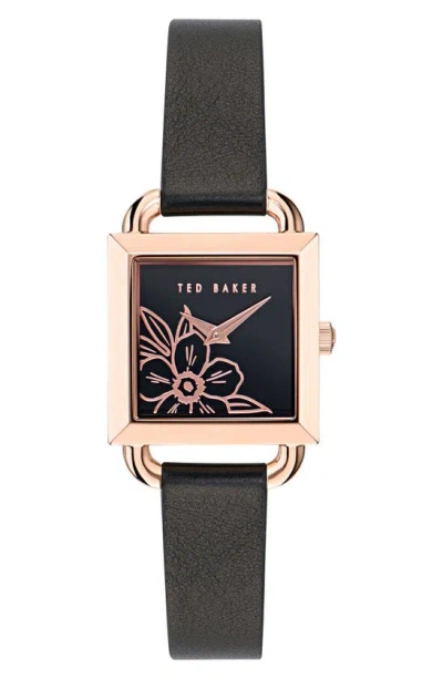 Ted Baker Square Leather Strap Watch In Black