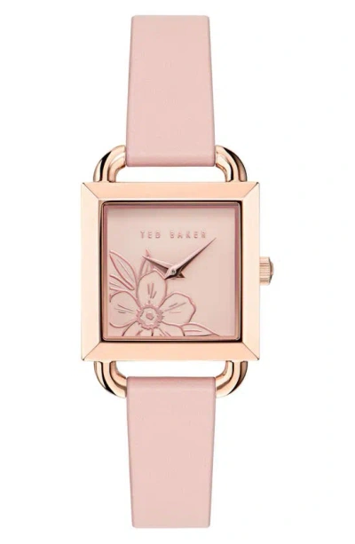 Ted Baker Square Leather Strap Watch In Pink