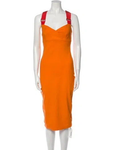 Pre-owned Ted Baker Square Neckline Midi Length Dress In Orange