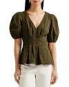 Ted Baker Stitch Detail Puff Sleeve Top In Khaki