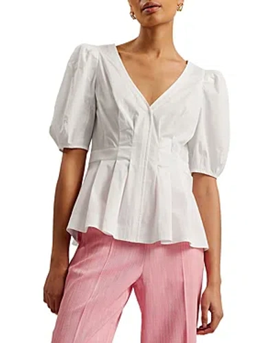 Ted Baker Stitch Detail Puff Sleeve Top In White
