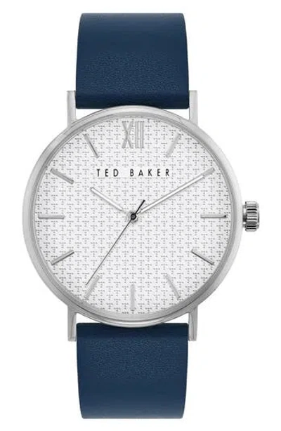 Ted Baker T Engraved Leather Strap Watch, 43mm In Blue