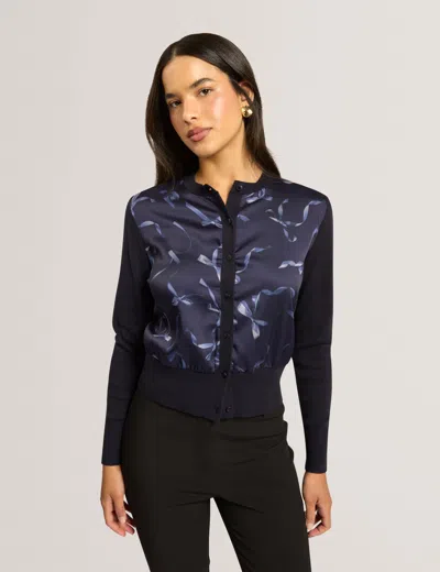 Ted Baker Tayana - Printed Woven Front Cardigan In Navy