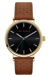 Ted Baker Three Hand Quartz Leather Strap Watch In Brown