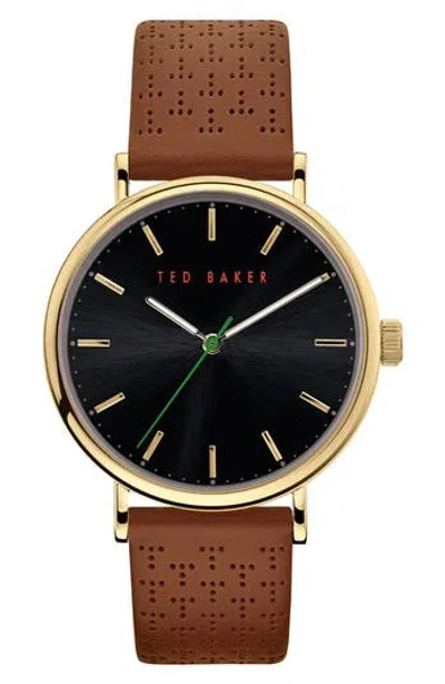 Ted Baker Three Hand Quartz Leather Strap Watch In Brown