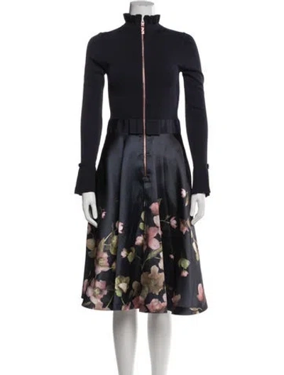 Pre-owned Ted Baker Turtleneck Midi Length Dress In Blue