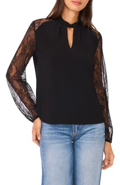 Ted Baker Twist Neck Lace Sleeve Top In Black