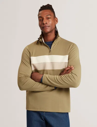 Ted Baker Viktoro Stripe Panel Zip Neck Sweatshirt In Khaki