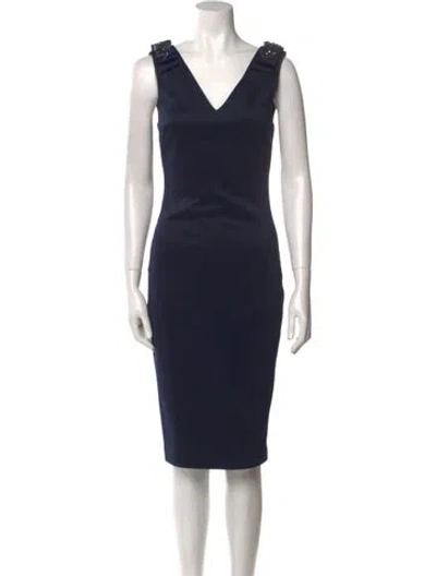 Pre-owned Ted Baker V-neck Midi Length Dress In Blue