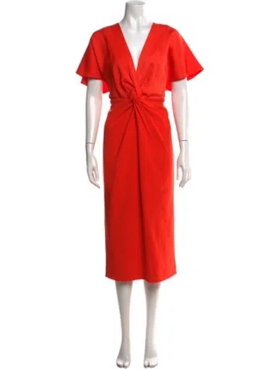 Pre-owned Ted Baker V-neck Midi Length Dress In Orange