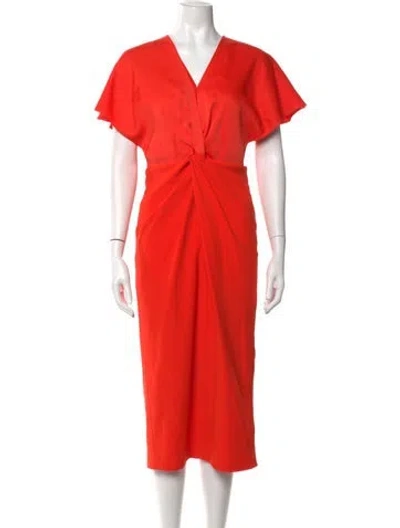 Pre-owned Ted Baker V-neck Midi Length Dress In Orange