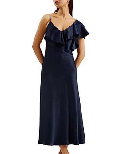 Ted Baker Womens Navy Keomi Ruffle-trim V-neck Satin Midi Dress