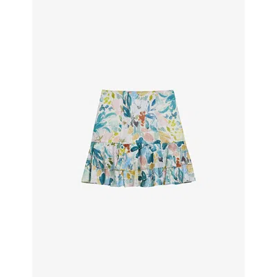 Ted Baker Womens Ivory Pragsea Floral-print Tiered Woven Mini Skirt