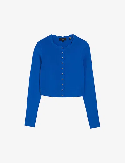 Ted Baker Womens Mid-blue Kklara Scallop-trim Stretch-knit Cardigan In Mid-blue
