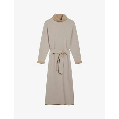 Ted Baker Womens Natural Roll-neck Belted Knitted Midi Dress