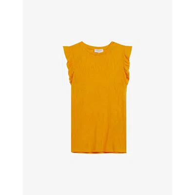 Ted Baker Womens Orange Frill-shoulder Burnout Floral-pattern Woven Top