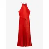 TED BAKER TED BAKER WOMEN'S RED MELIKE PLEATED HALTER-NECK SATIN MIDI DRESS