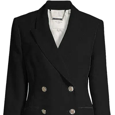 TED BAKER WOMEN SOLID BLACK LLAYLA DOUBLE BREASTED EMBOSSED BUTTON BLAZER JACKET