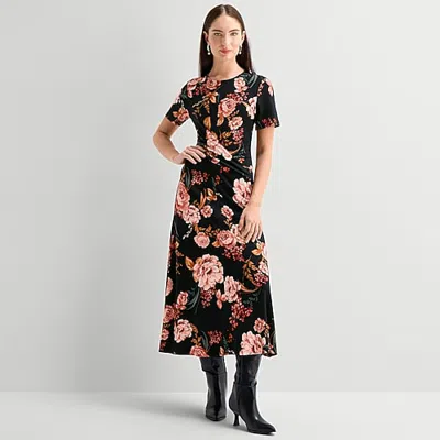 Ted Baker Womens Midi Round Neck Short Sleeve Cap Floral Fit + Flare Dress In Black