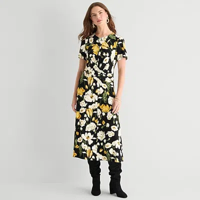Ted Baker Womens Midi Round Neck Short Sleeve Cap Floral Fit + Flare Dress In Black
