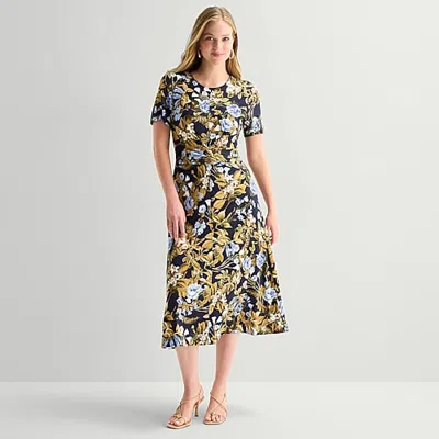 Ted Baker Womens Midi Round Neck Short Sleeve Cap Floral Fit + Flare Dress In Blue