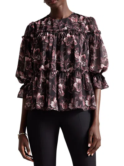 Ted Baker Womens Ruffled Tie Neck Peplum Top In Black