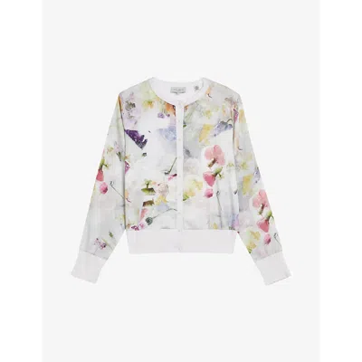 TED BAKER TED BAKER WOMENS WHITE HAYLOU FLORAL-PRINT HIGH-NECK KNITTED CARDIGAN