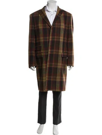 Pre-owned Ted Baker Wool Plaid Print Overcoat In Brown