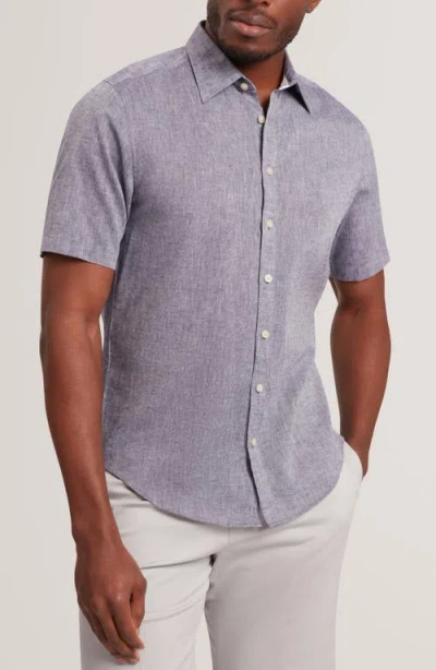 Ted Baker Wryte Regular Fit Short Sleeve Slub Linen & Cotton Button-up Shirt In Blue
