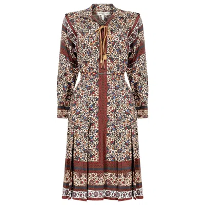 Pre-owned Ted Lapidus 1970s  Boho Silk And Leather Dress In Brown